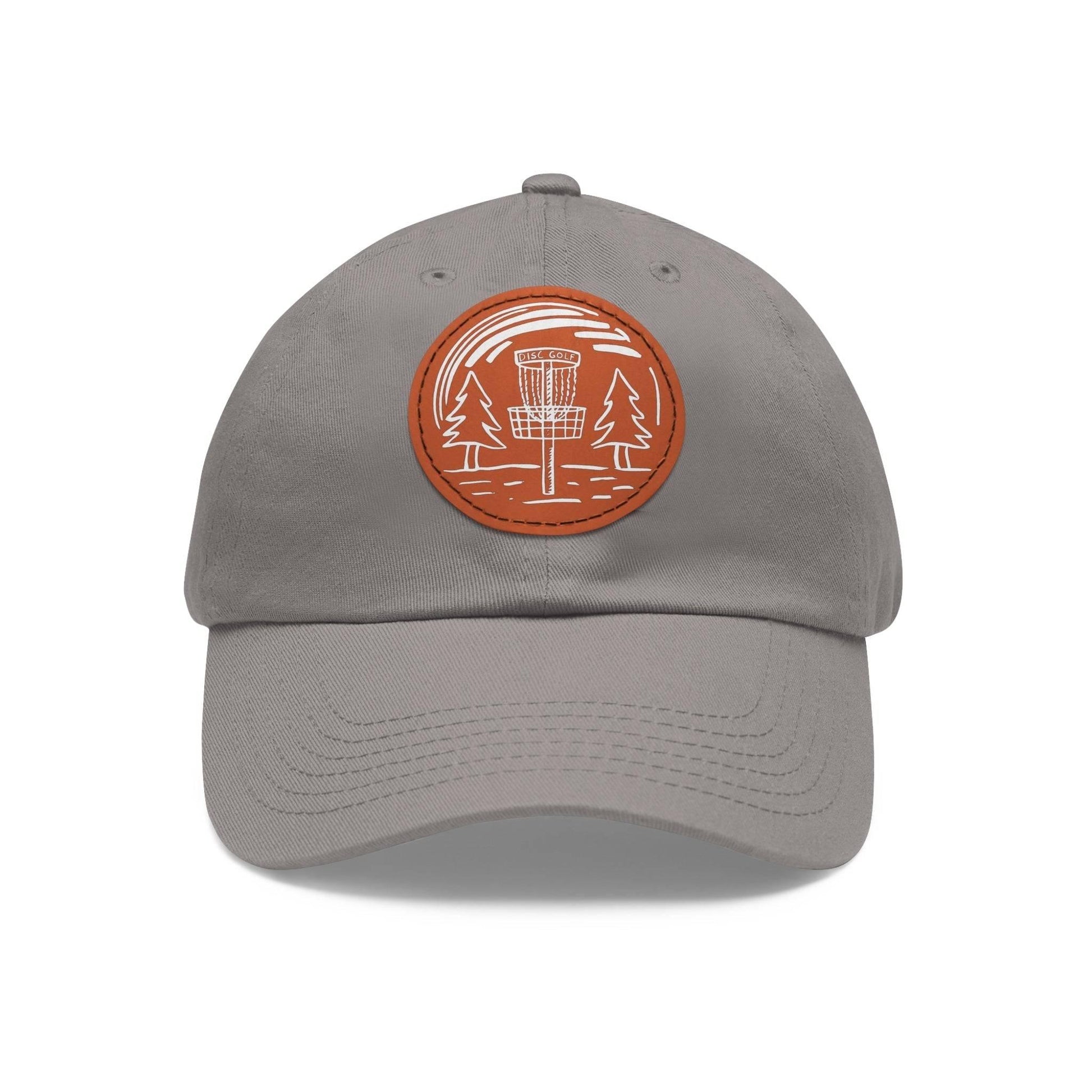 Fun Disc Golf Hat - Line Drawing of Trees and Disc Golf Basket - Dad Hat with Leather Patch (Round) - Quirky Goodies