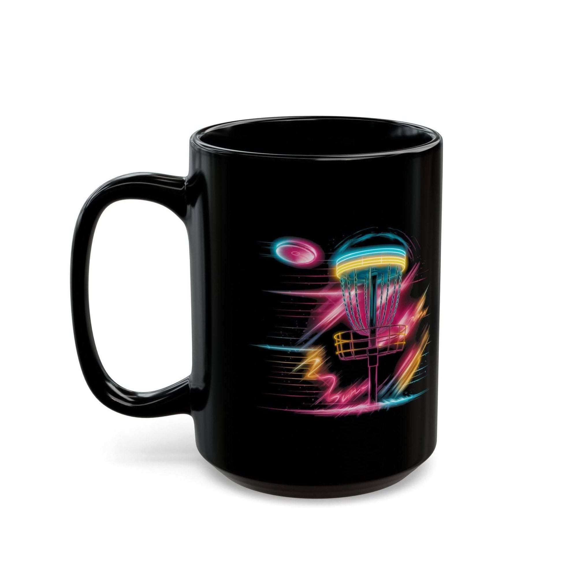 Fun Disc Golf Mug - 80s Neon Disc Golf Basket - Black Mug (11oz, 15oz) - Quirky Goodies