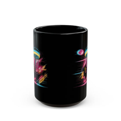 Fun Disc Golf Mug - 80s Neon Disc Golf Basket - Black Mug (11oz, 15oz) - Quirky Goodies