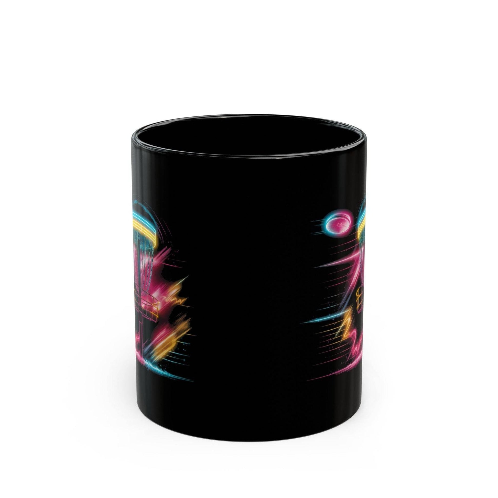 Fun Disc Golf Mug - 80s Neon Disc Golf Basket - Black Mug (11oz, 15oz) - Quirky Goodies