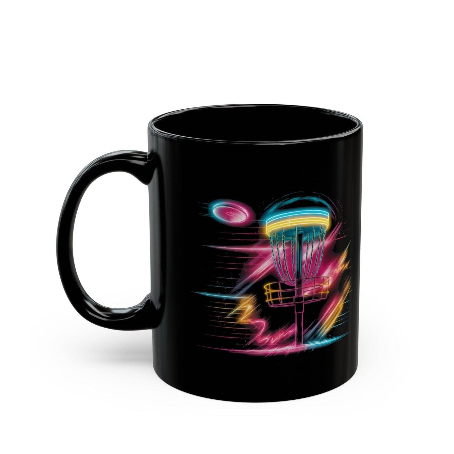 Fun Disc Golf Mug - 80s Neon Disc Golf Basket - Black Mug (11oz, 15oz) - Quirky Goodies