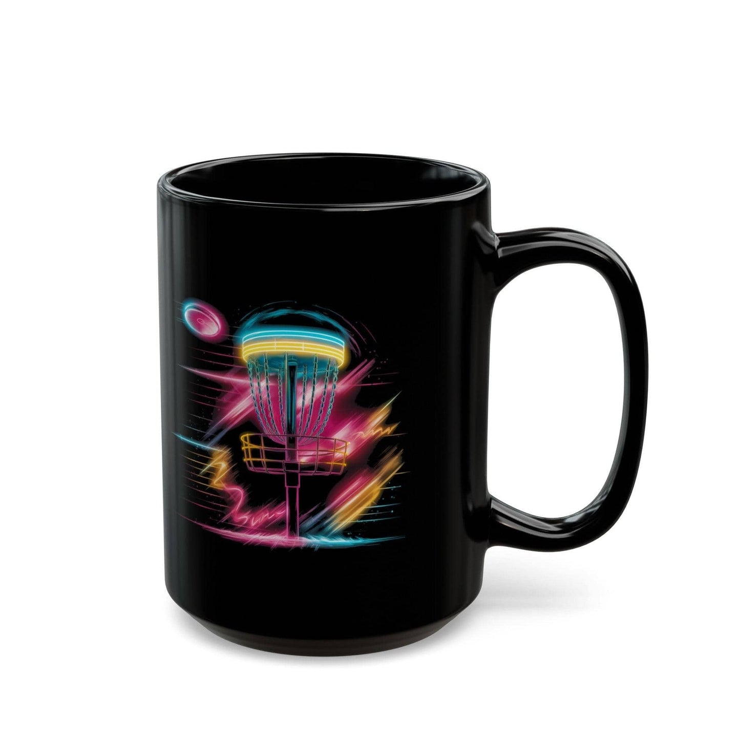 Fun Disc Golf Mug - 80s Neon Disc Golf Basket - Black Mug (11oz, 15oz) - Quirky Goodies