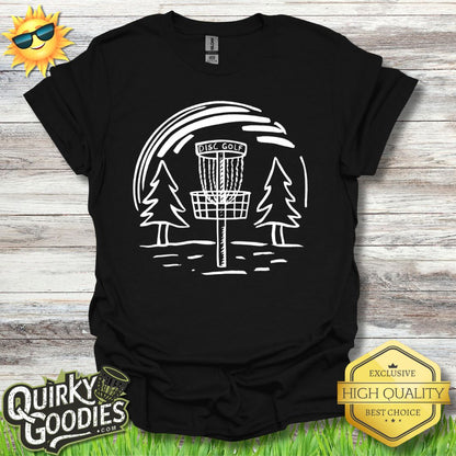 Hand - drawn Disc Golf Basket and Trees T - Shirt - Quirky Goodies