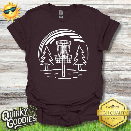 Hand - drawn Disc Golf Basket and Trees T - Shirt - Quirky Goodies