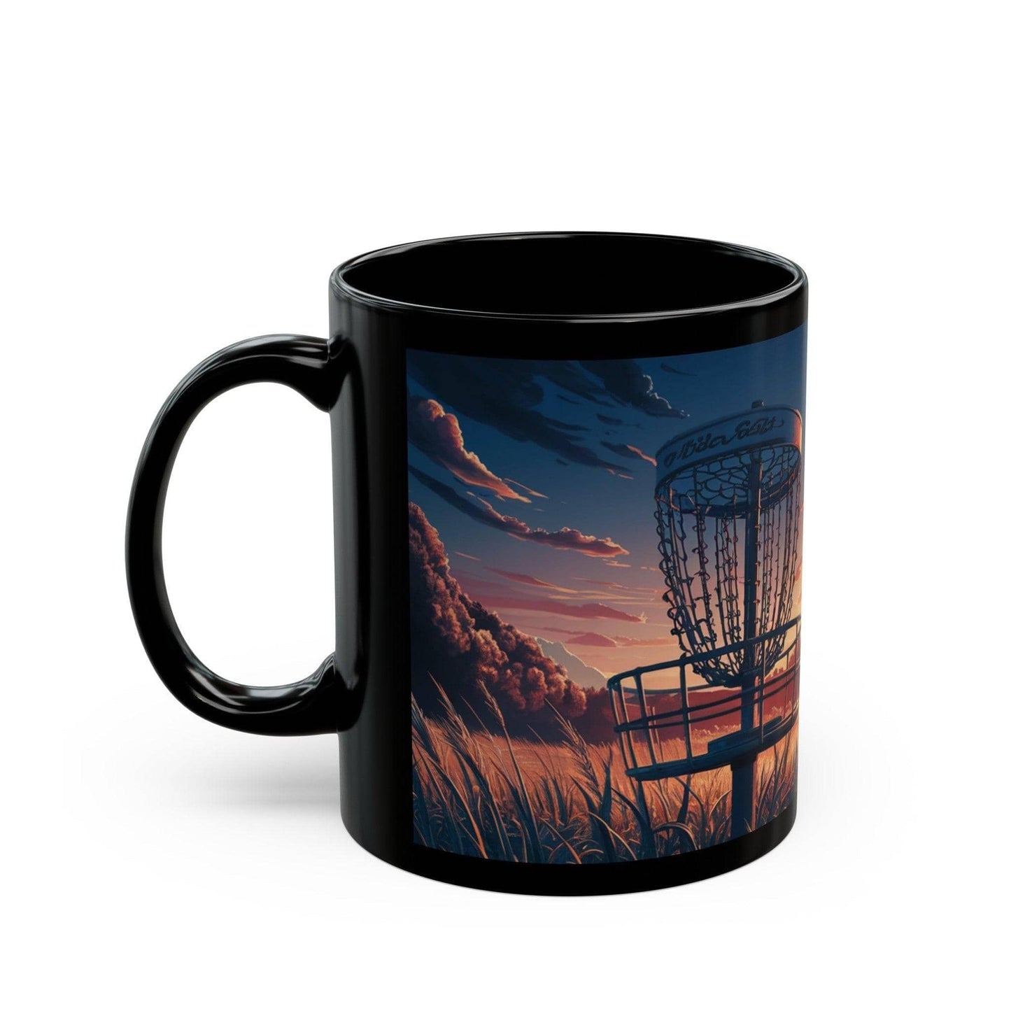 Scenic Disc Golf Basket at Sunset - Black Mug (11oz, 15oz) - Quirky Goodies