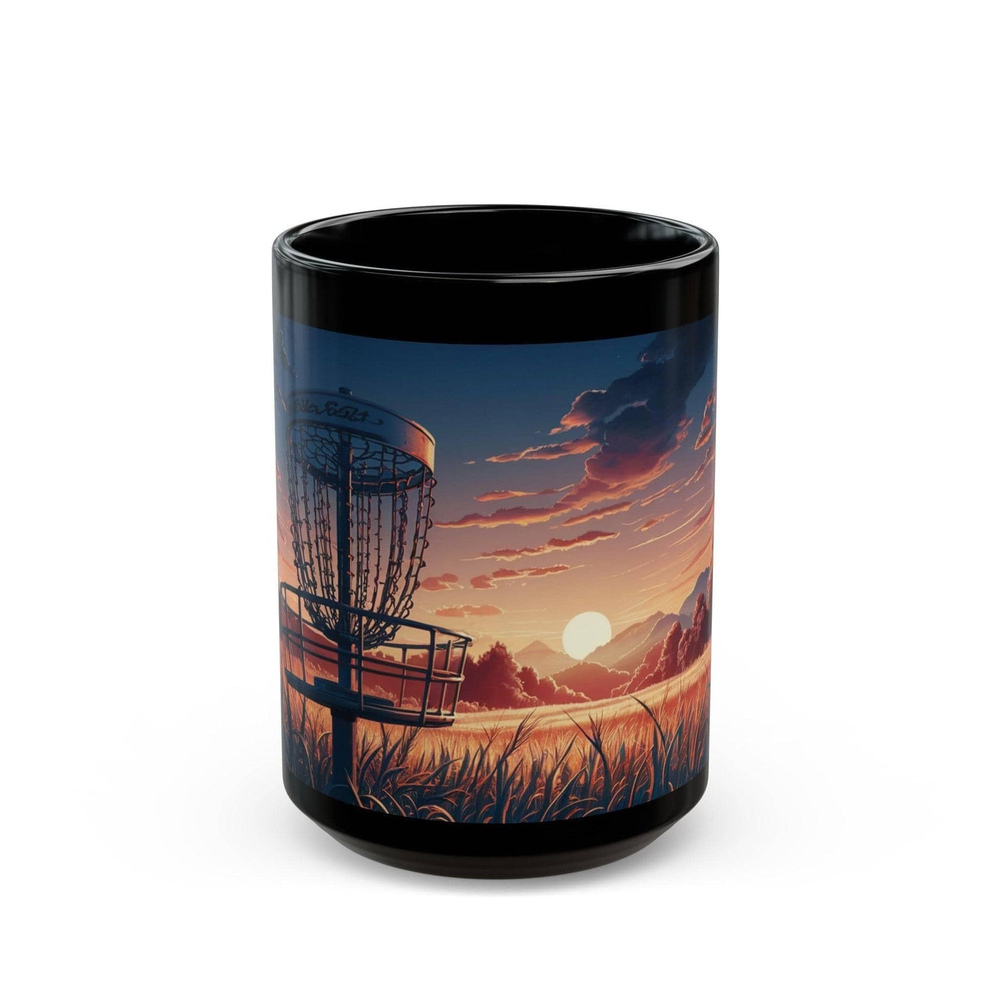 Scenic Disc Golf Basket at Sunset - Black Mug (11oz, 15oz) - Quirky Goodies