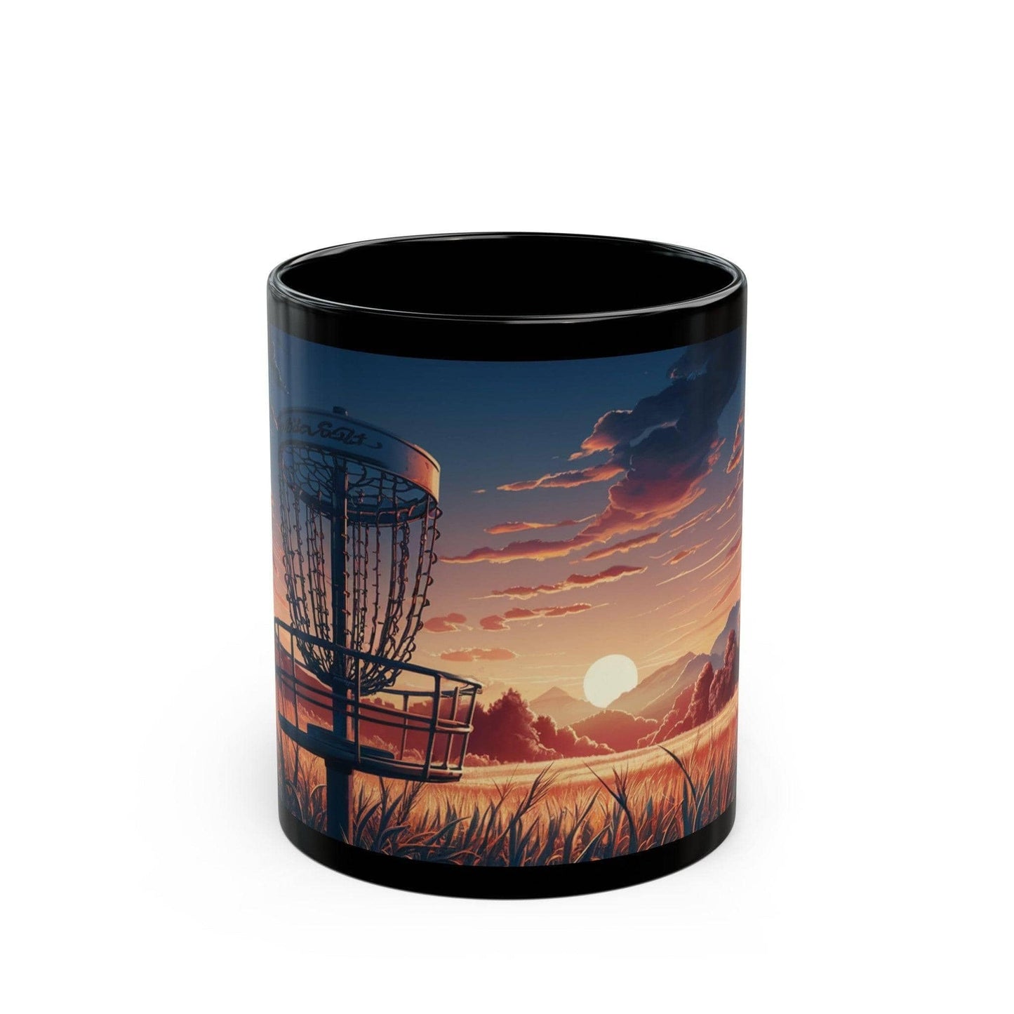 Scenic Disc Golf Basket at Sunset - Black Mug (11oz, 15oz) - Quirky Goodies