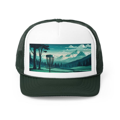 Scenic Disc Golf Hat - Disc Golf Basket with Trees and Mountains - Trucker Caps - Quirky Goodies