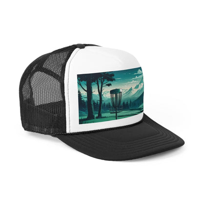 Scenic Disc Golf Hat - Disc Golf Basket with Trees and Mountains - Trucker Caps - Quirky Goodies