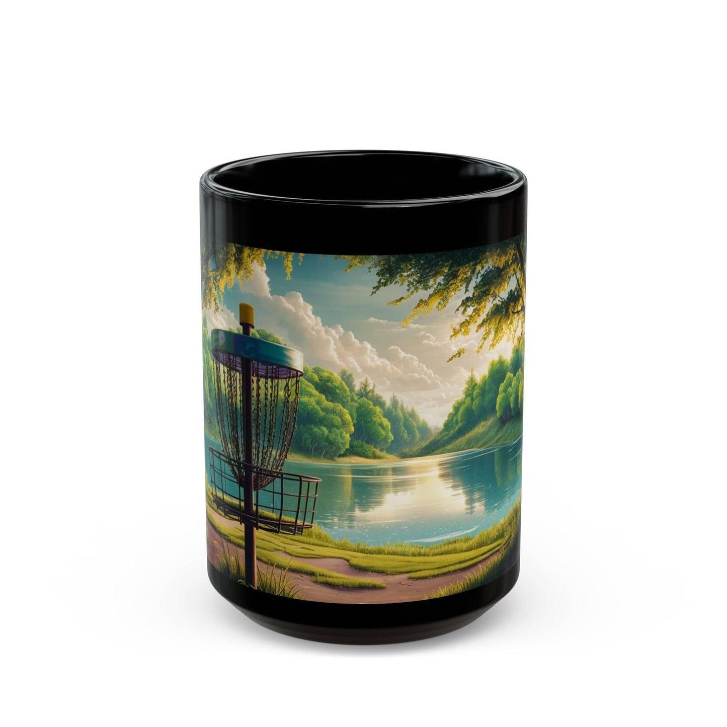 Scenic Disc Golf Mug - Disc Golf Basket with Trees and Lake - Black Mug (11oz, 15oz) - Quirky Goodies