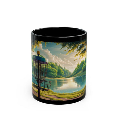 Scenic Disc Golf Mug - Disc Golf Basket with Trees and Lake - Black Mug (11oz, 15oz) - Quirky Goodies