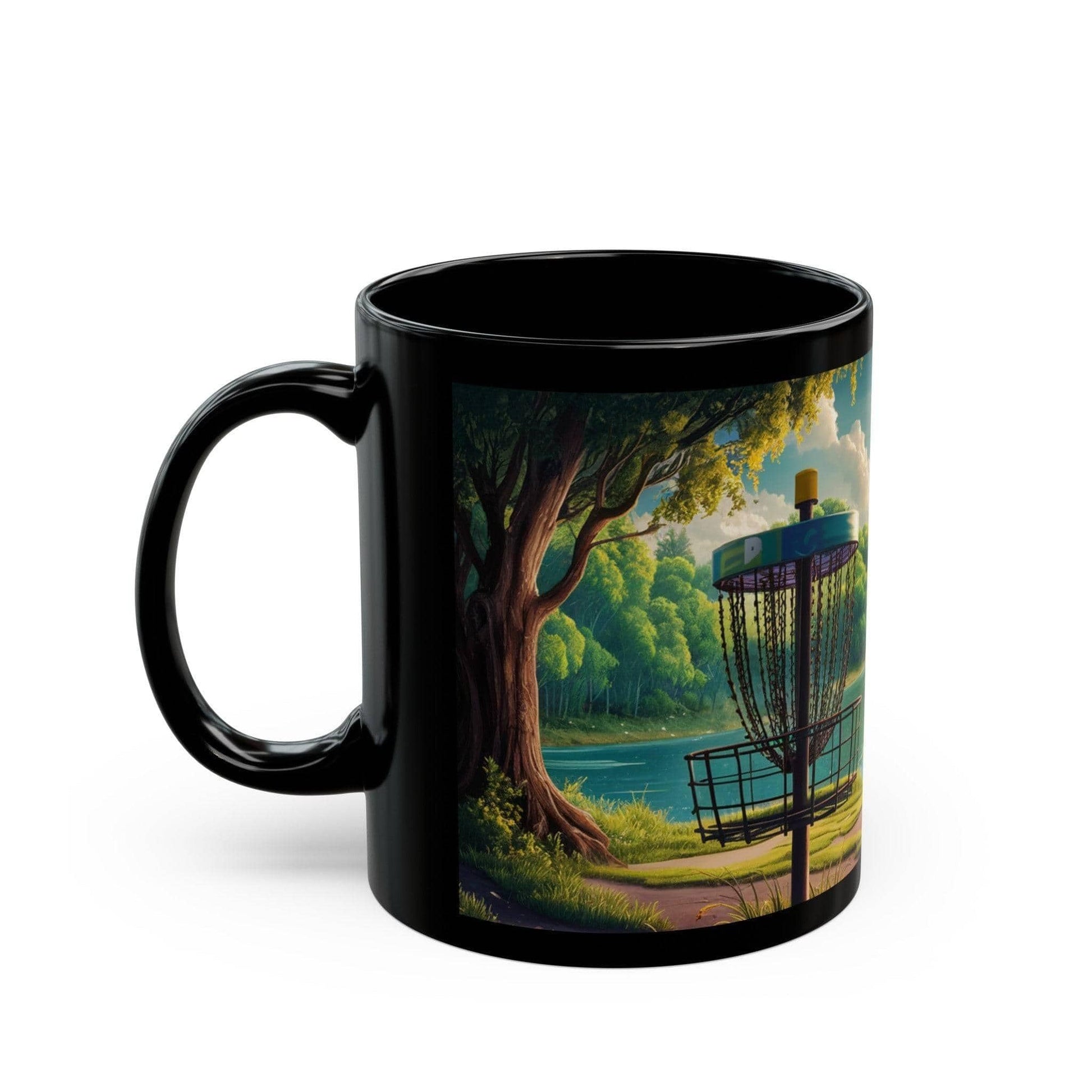 Scenic Disc Golf Mug - Disc Golf Basket with Trees and Lake - Black Mug (11oz, 15oz) - Quirky Goodies