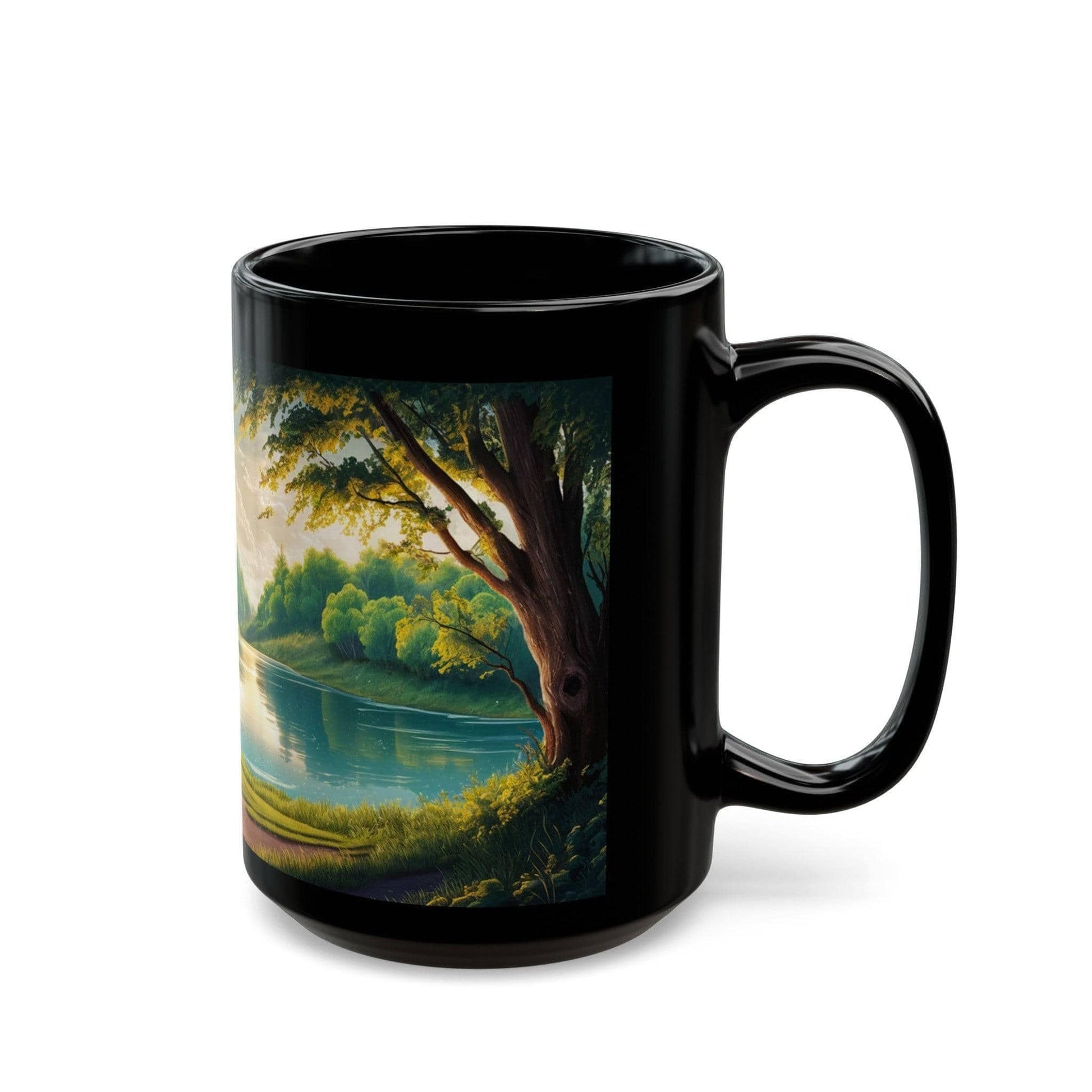 Scenic Disc Golf Mug - Disc Golf Basket with Trees and Lake - Black Mug (11oz, 15oz) - Quirky Goodies