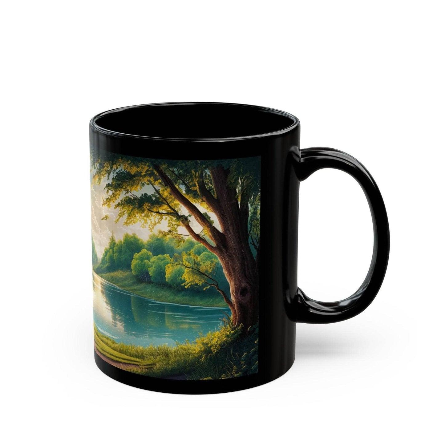 Scenic Disc Golf Mug - Disc Golf Basket with Trees and Lake - Black Mug (11oz, 15oz) - Quirky Goodies