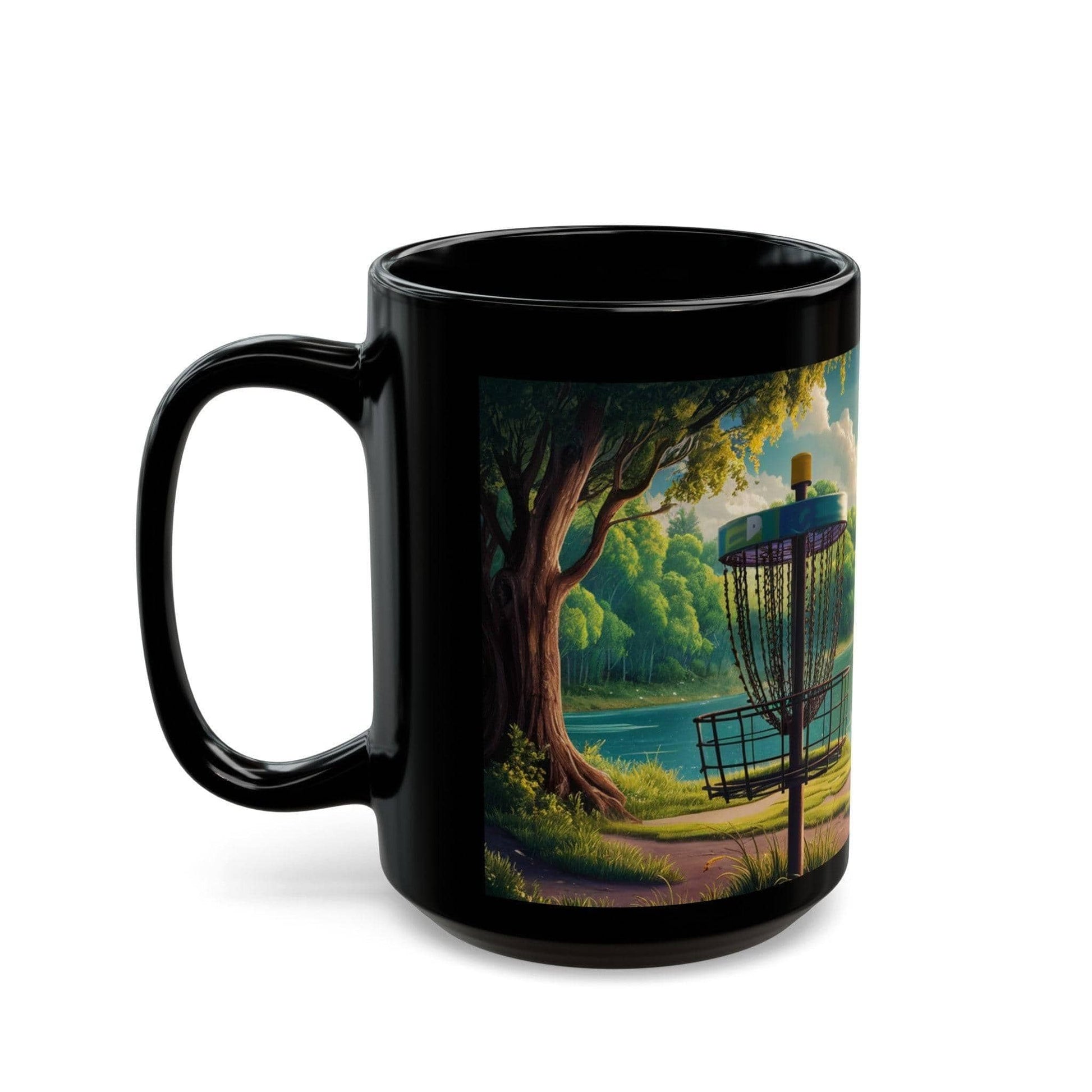 Scenic Disc Golf Mug - Disc Golf Basket with Trees and Lake - Black Mug (11oz, 15oz) - Quirky Goodies