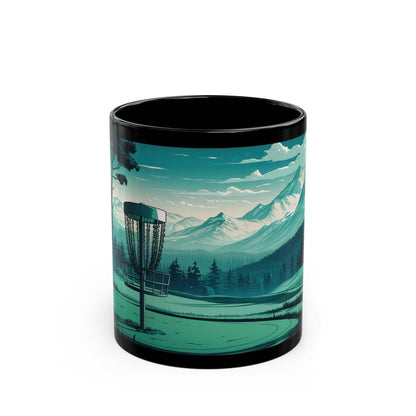 Scenic Disc Golf Mug - Disc Golf Basket with Trees and Mountains - Black Mug (11oz, 15oz) - Quirky Goodies