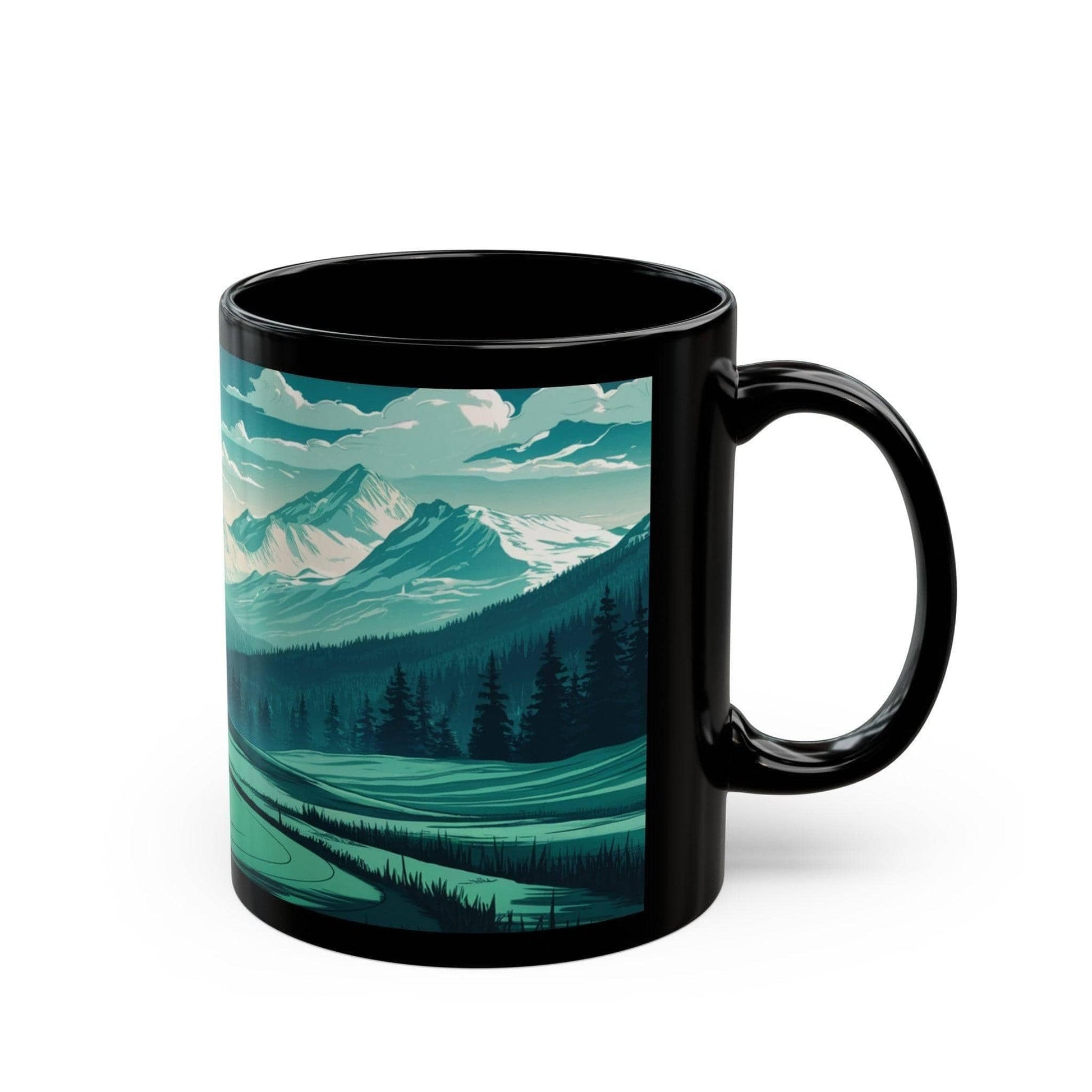 Scenic Disc Golf Mug - Disc Golf Basket with Trees and Mountains - Black Mug (11oz, 15oz) - Quirky Goodies