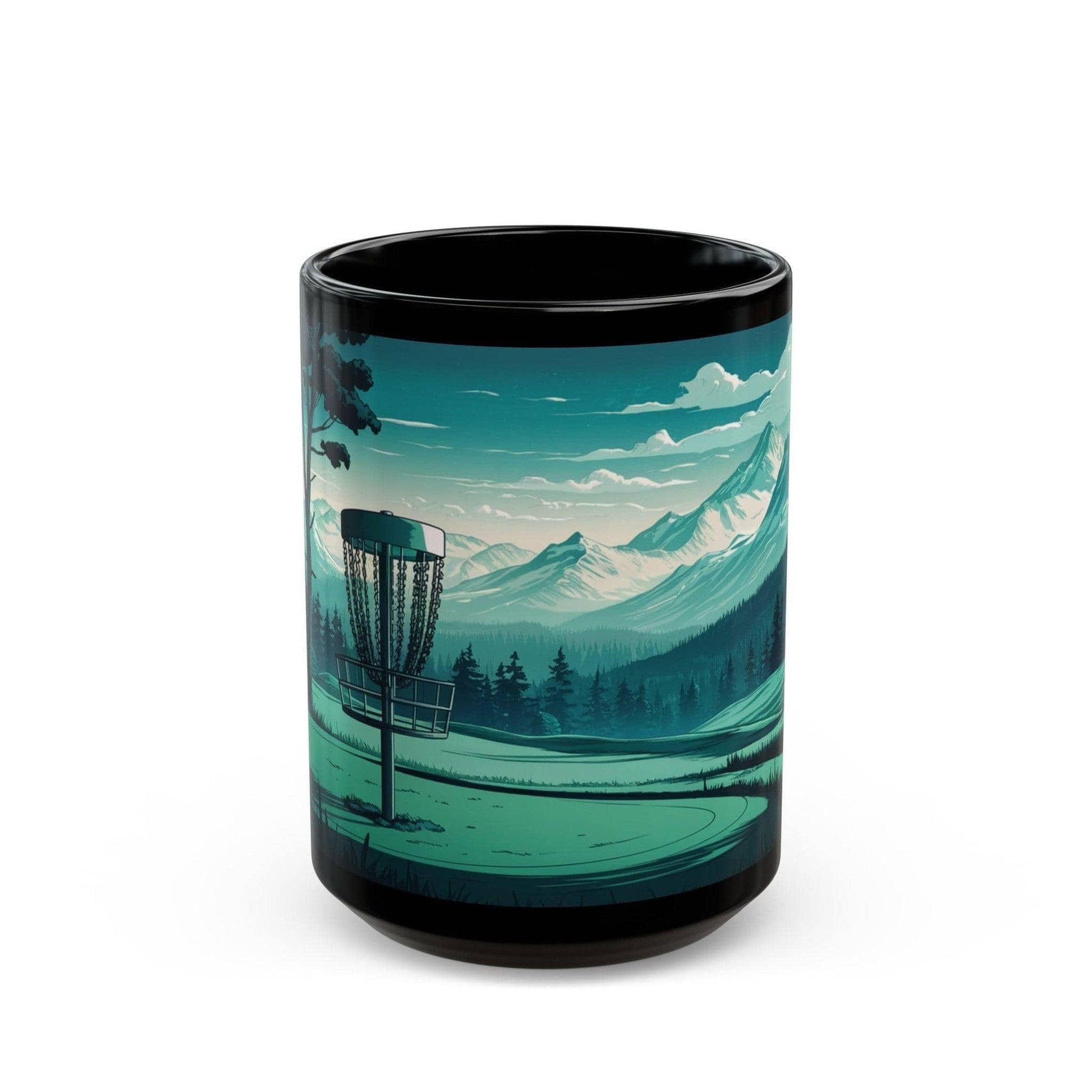 Scenic Disc Golf Mug - Disc Golf Basket with Trees and Mountains - Black Mug (11oz, 15oz) - Quirky Goodies