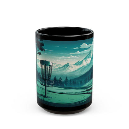 Scenic Disc Golf Mug - Disc Golf Basket with Trees and Mountains - Black Mug (11oz, 15oz) - Quirky Goodies