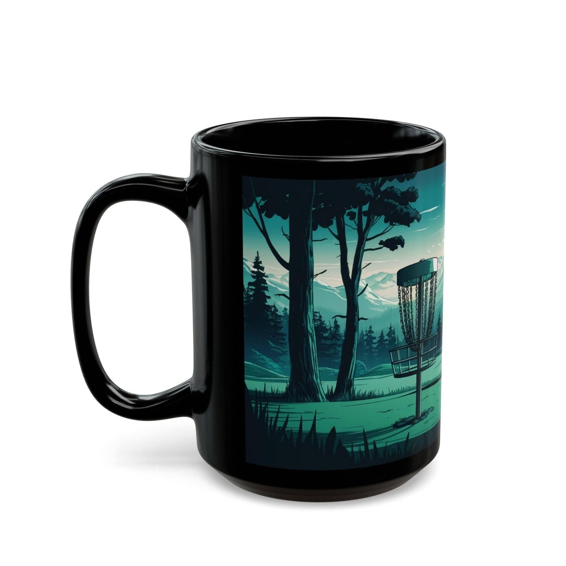 Scenic Disc Golf Mug - Disc Golf Basket with Trees and Mountains - Black Mug (11oz, 15oz) - Quirky Goodies