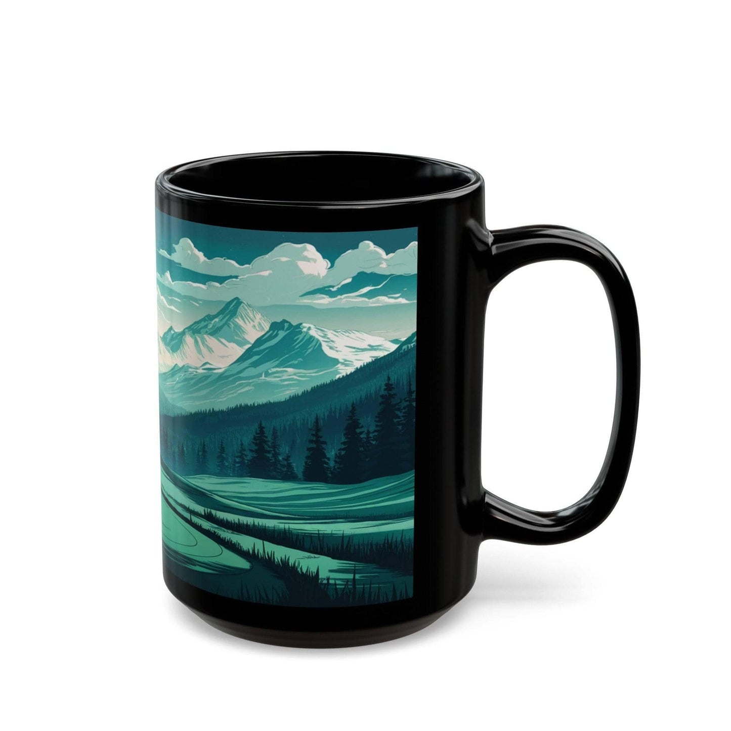 Scenic Disc Golf Mug - Disc Golf Basket with Trees and Mountains - Black Mug (11oz, 15oz) - Quirky Goodies