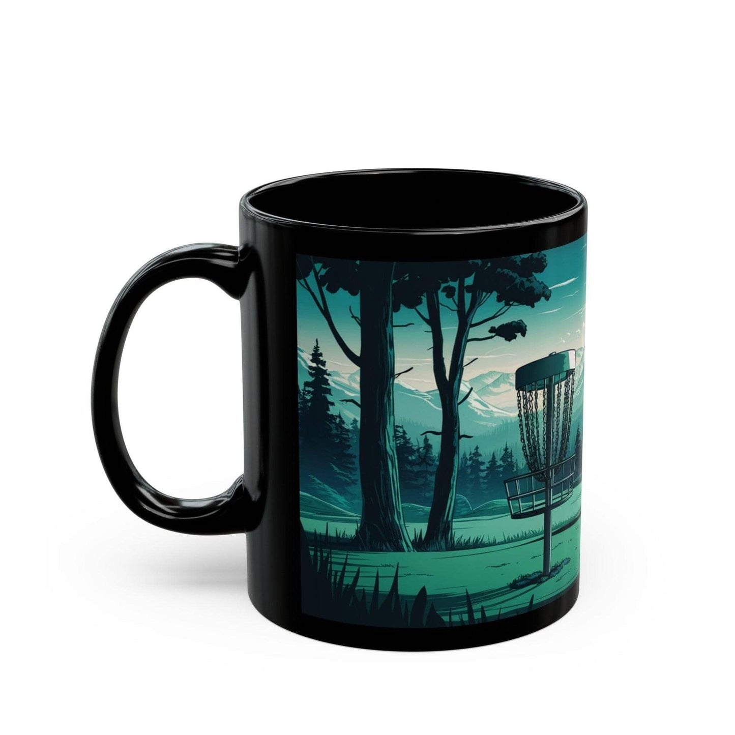 Scenic Disc Golf Mug - Disc Golf Basket with Trees and Mountains - Black Mug (11oz, 15oz) - Quirky Goodies