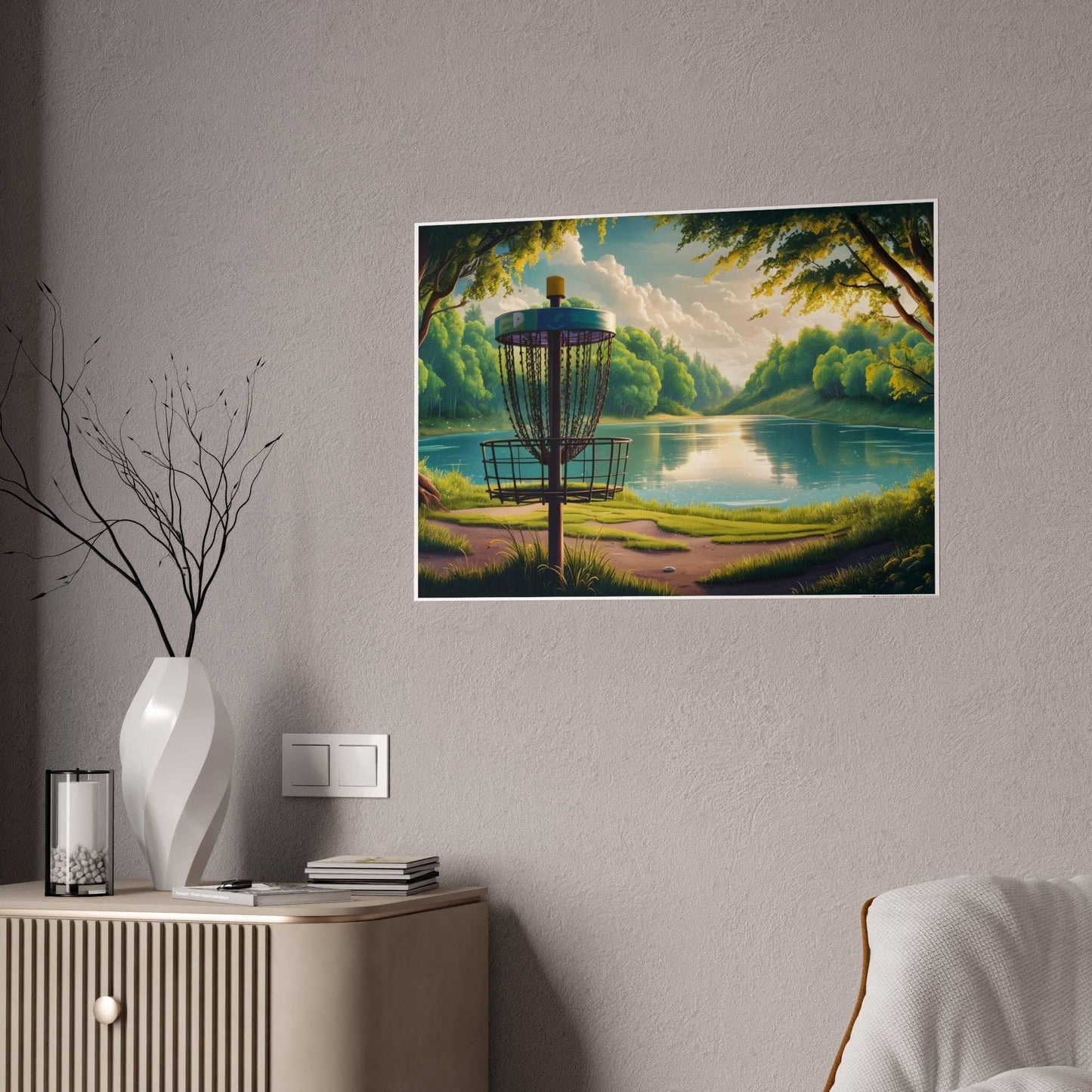 Serene Disc Golf Scene By Lake - Gloss Posters - Quirky Goodies