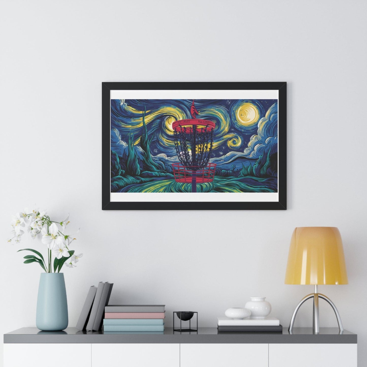 Starry Night Disc Golf Basket Poster - Framed Horizontal Poster - Quirky Goodies