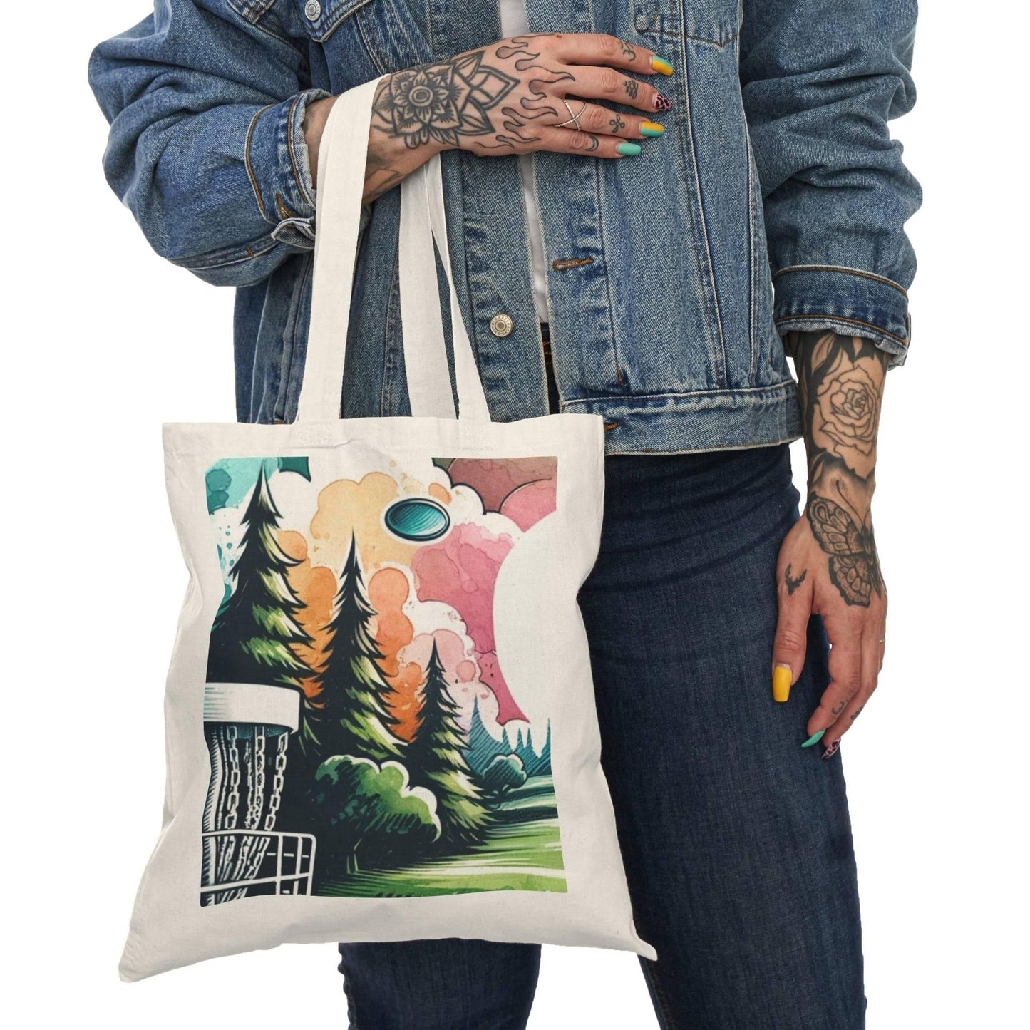 Watercolor Disc Golf Nature - Natural Tote Bag - Environment Friendly - Gift of disc golf fans - Quirky Goodies